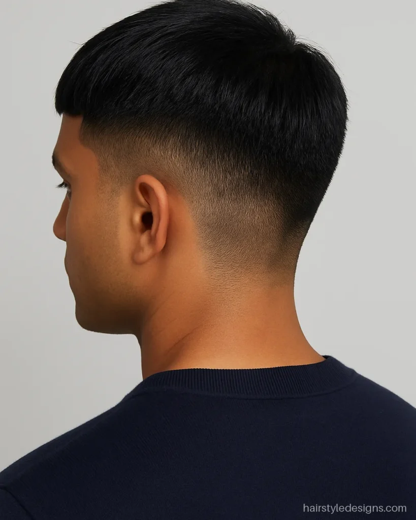 French crop hairstyle men with a short blunt fringe and number 2 sides