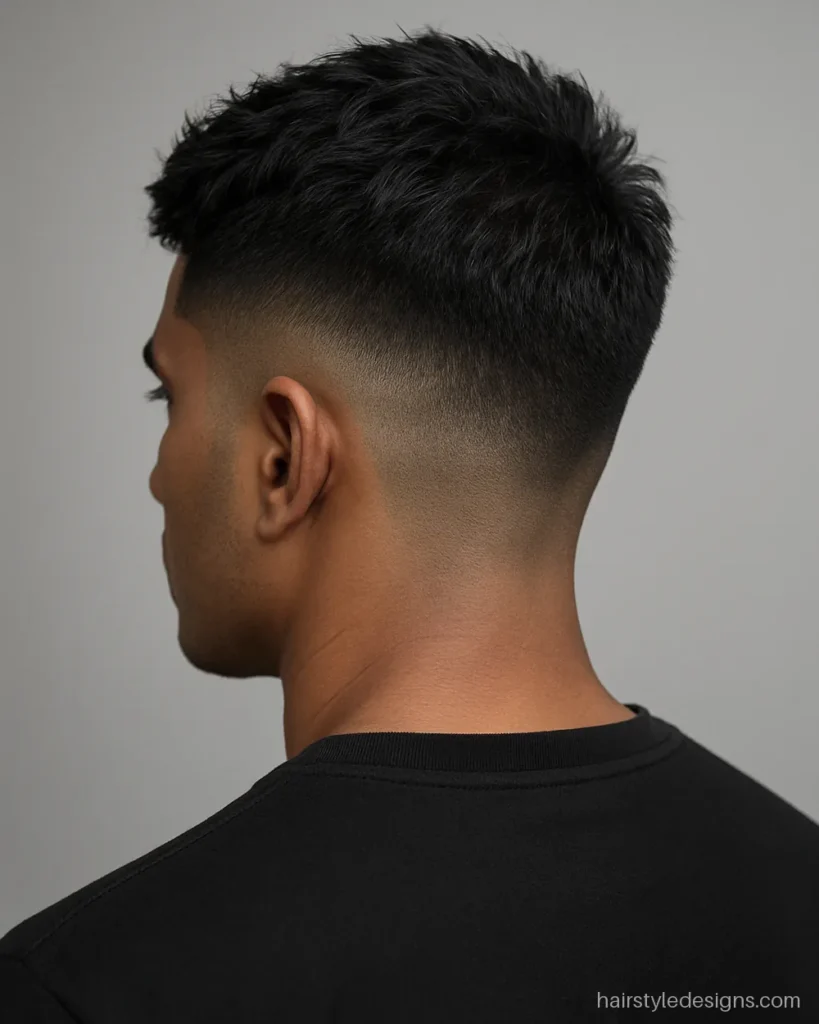 Low fade textured crop hairstyle men with a messy forward top