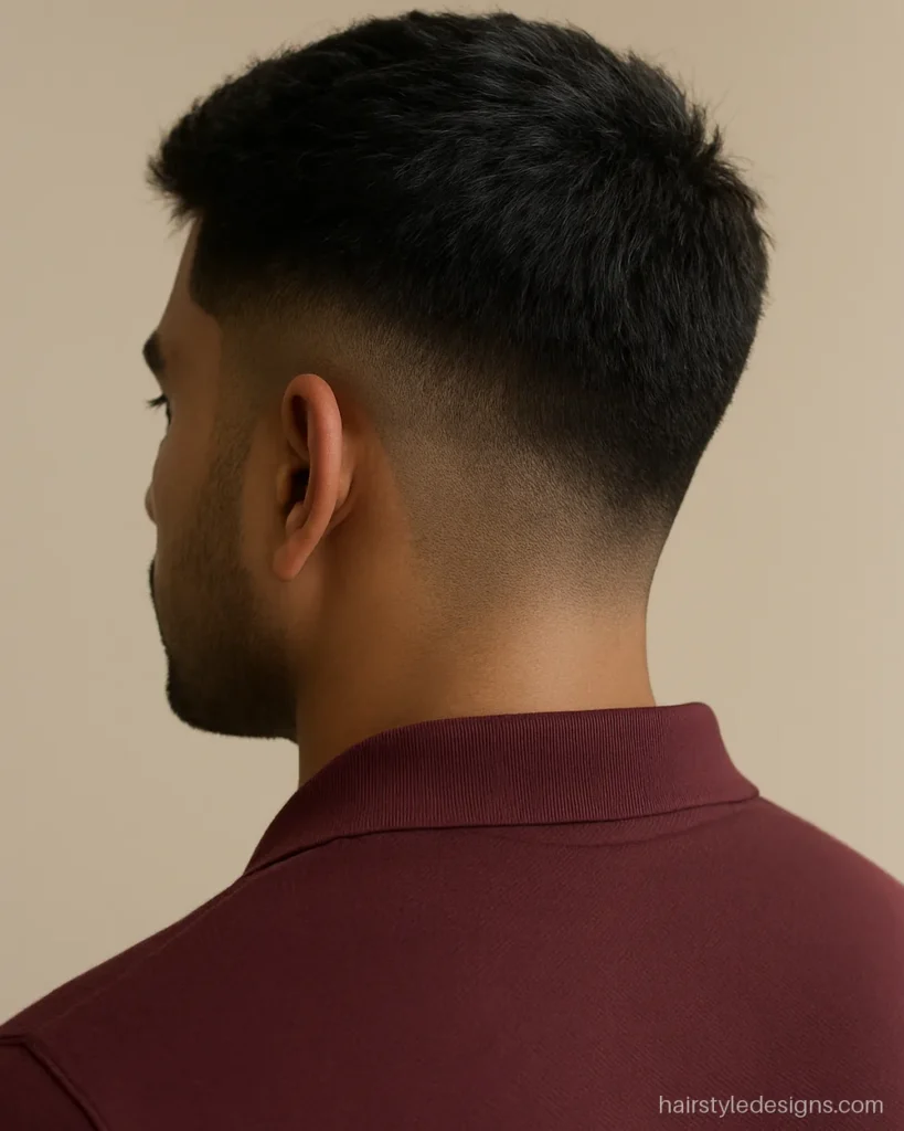 Low taper fade textured crop hairstyle for Indian men with thick hair