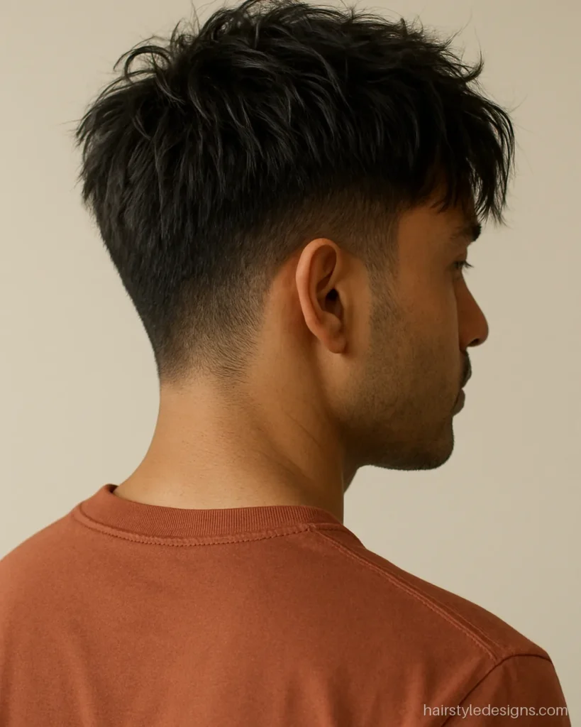 Messy crop hairstyle men with piecey texture and loose fringe