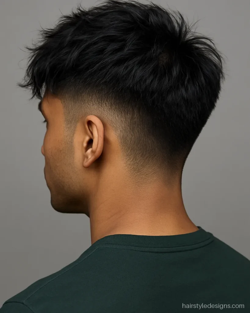 Messy French crop hairstyle with a mid fade and tousled fringe