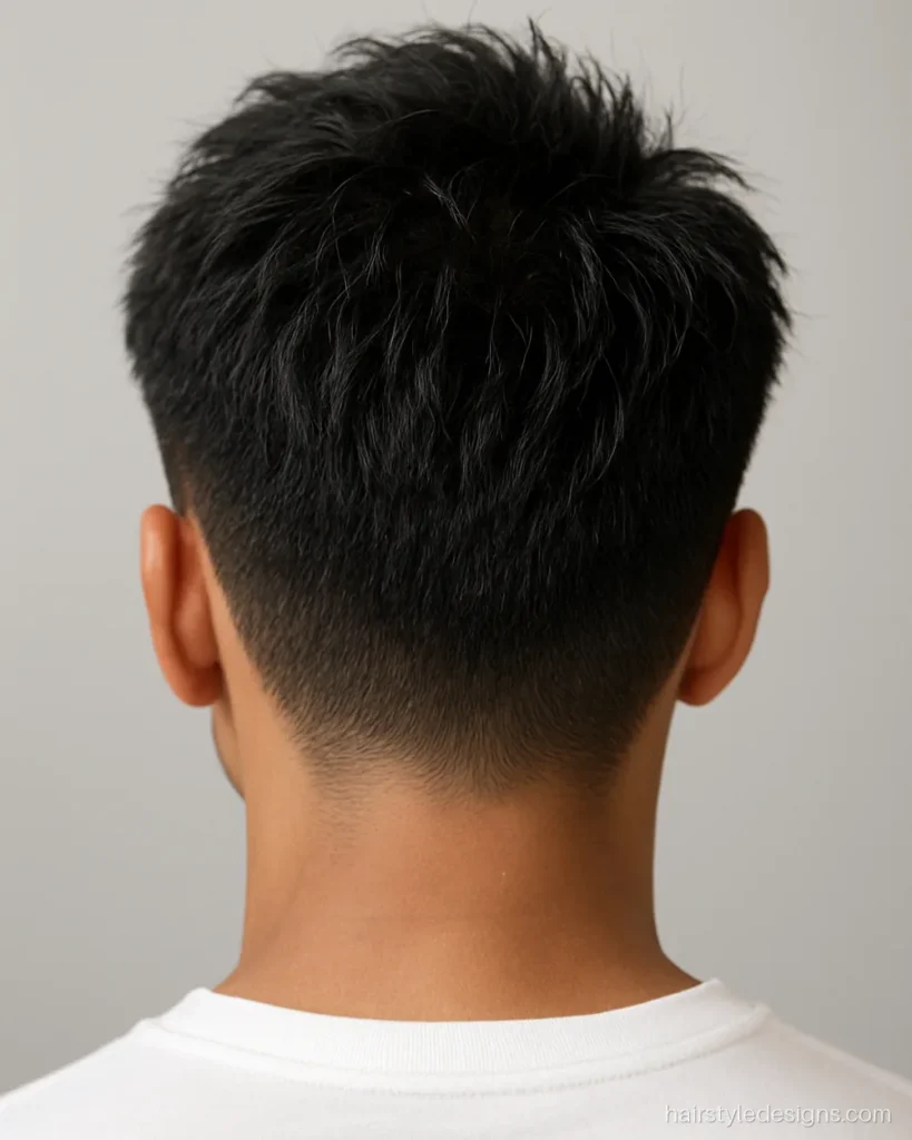 Messy textured crop hairstyle seen from the top with a choppy crown
