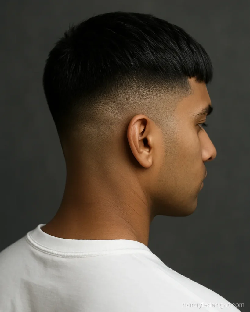 French crop fade hairstyle men with a mid skin fade and blunt fringe