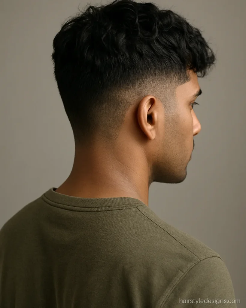 Modern textured crop hairstyle on wavy hair with a soft fringe