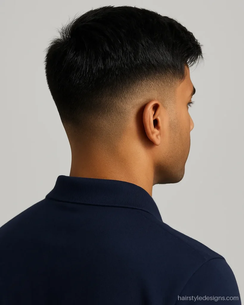 Textured crop hairstyle for boys with a low fade and side-swept fringe