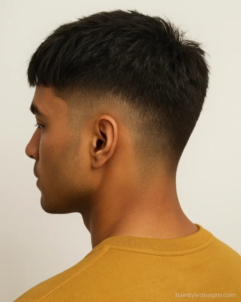 Textured French crop hairstyle men with a choppy, uneven fringe