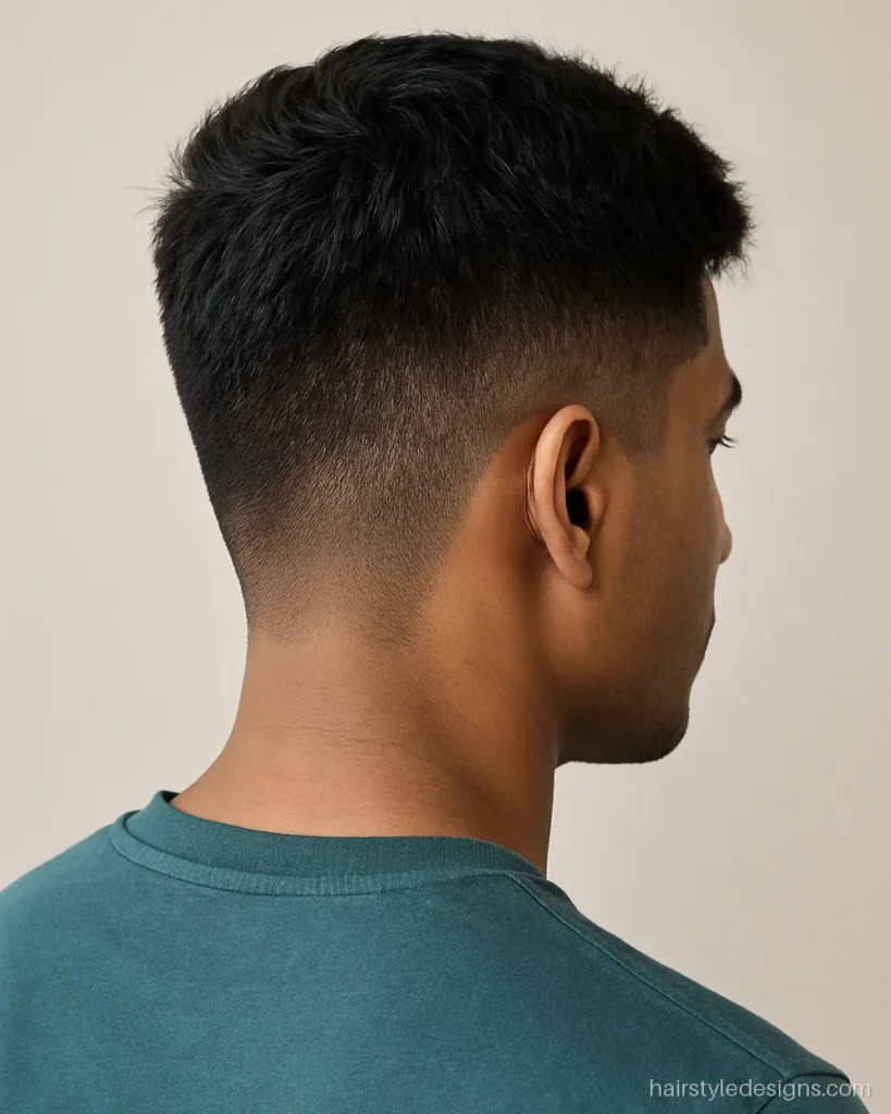 Textured crop hairstyle men thick hair with bulk removed on top