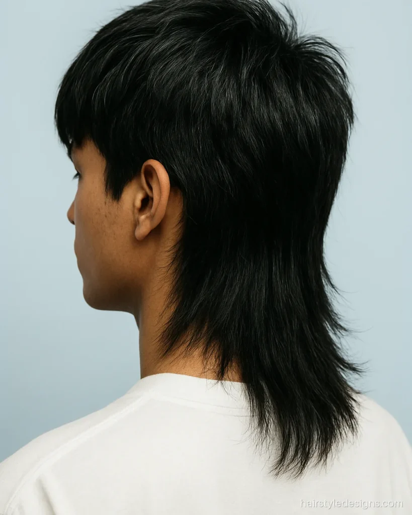 Wolf cut hairstyle for boys with straight hair and a heavy textured fringe