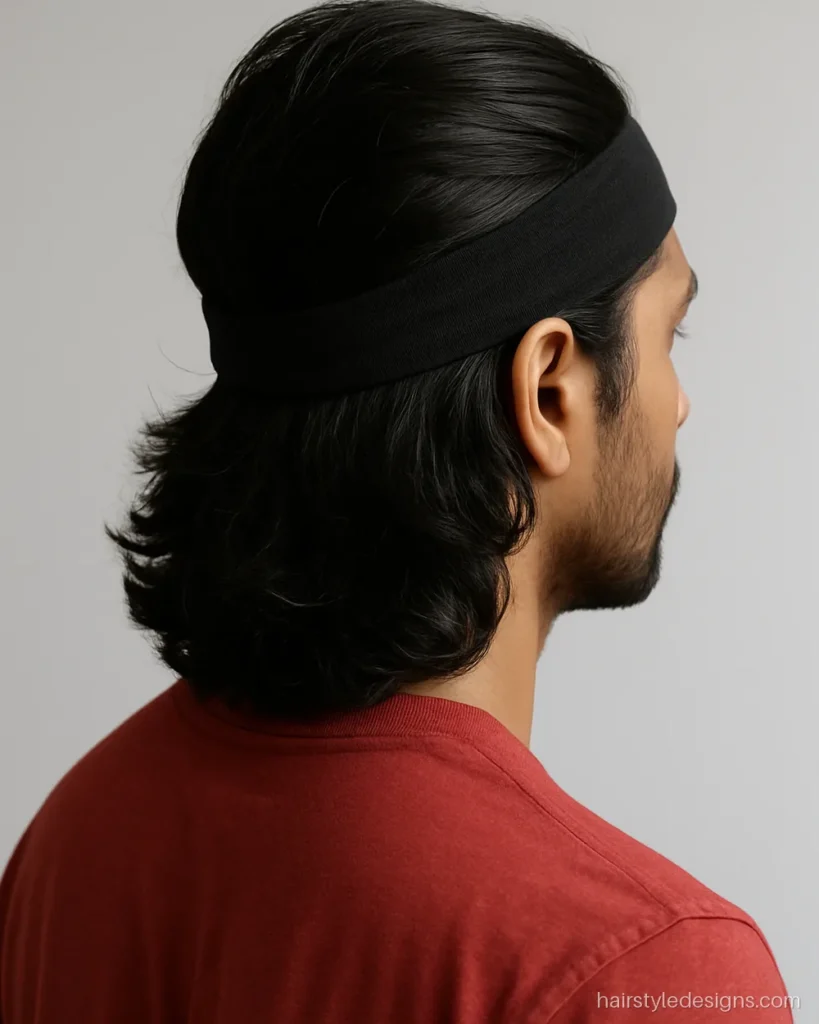 Bro flow hairstyle held back with a plain black headband for the gym