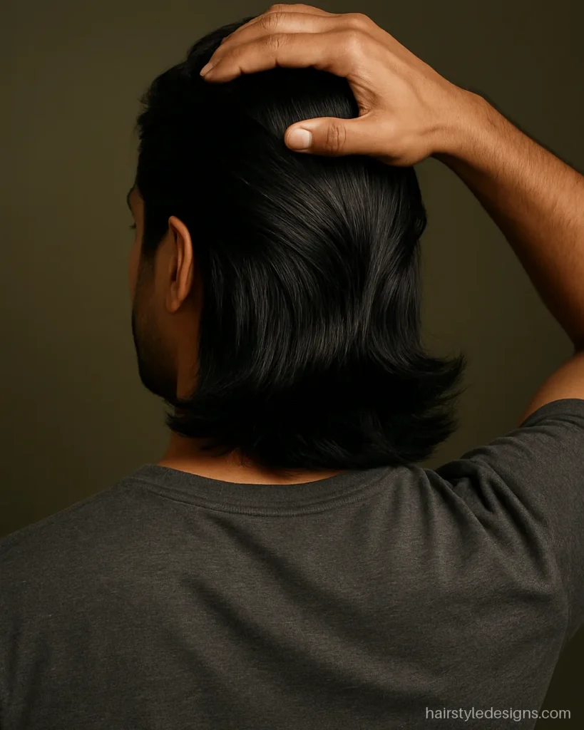 Bro flow hairstyle men with thick hair pushed back to the collar
