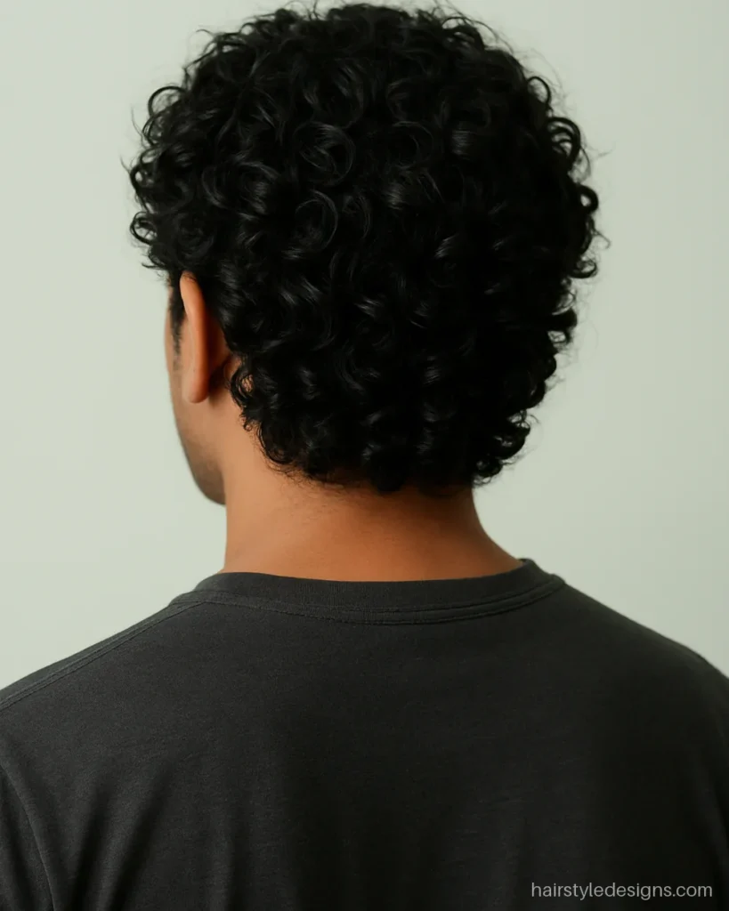 Curly flow hairstyle men with medium length curls falling back to the collar