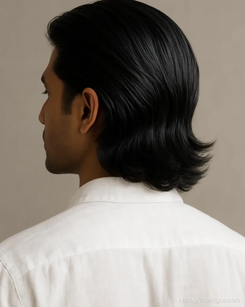 Medium flow hairstyle men wear with straight hair swept back past the ears