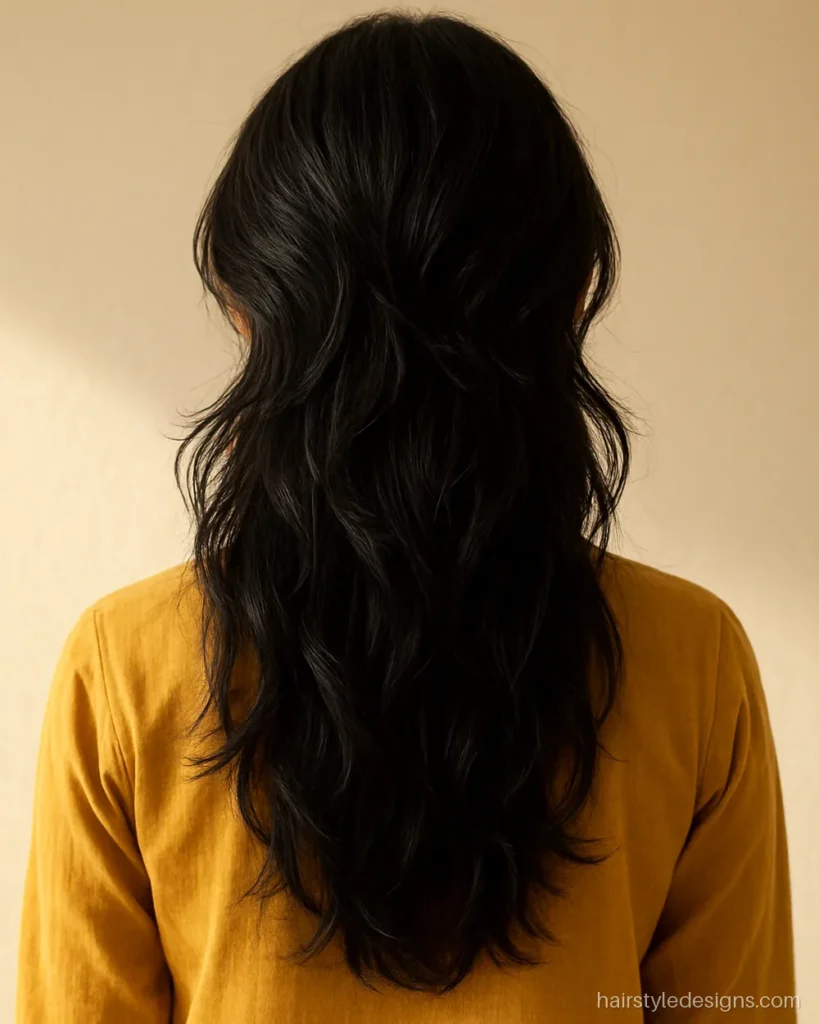 Long wolf cut hairstyle for girls with wavy layers past the shoulders