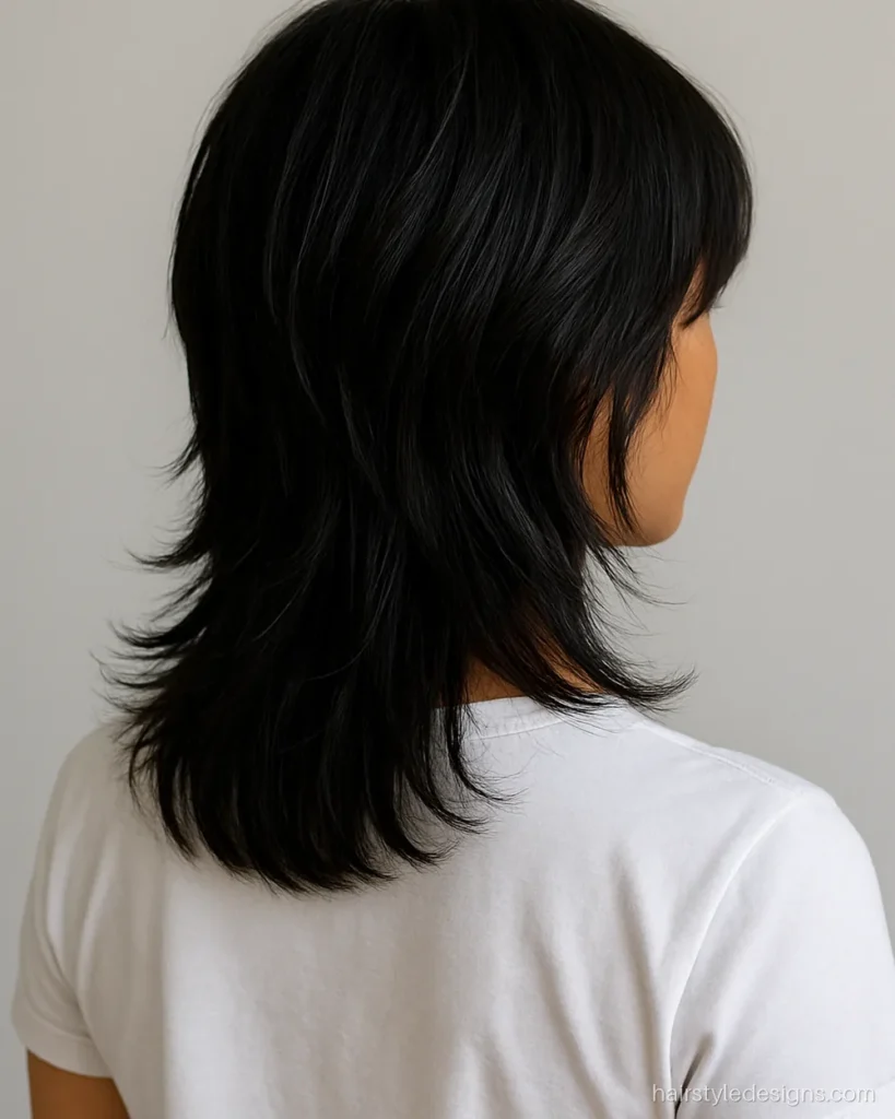 Girls wolf cut hairstyle at shoulder length with curtain bangs and feathered layers