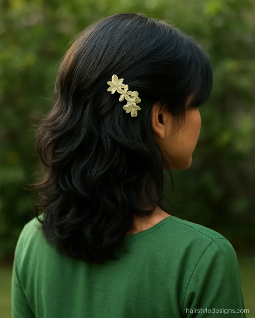 Wolf cut hairstyle for girls with a small jasmine flower string pinned on one side