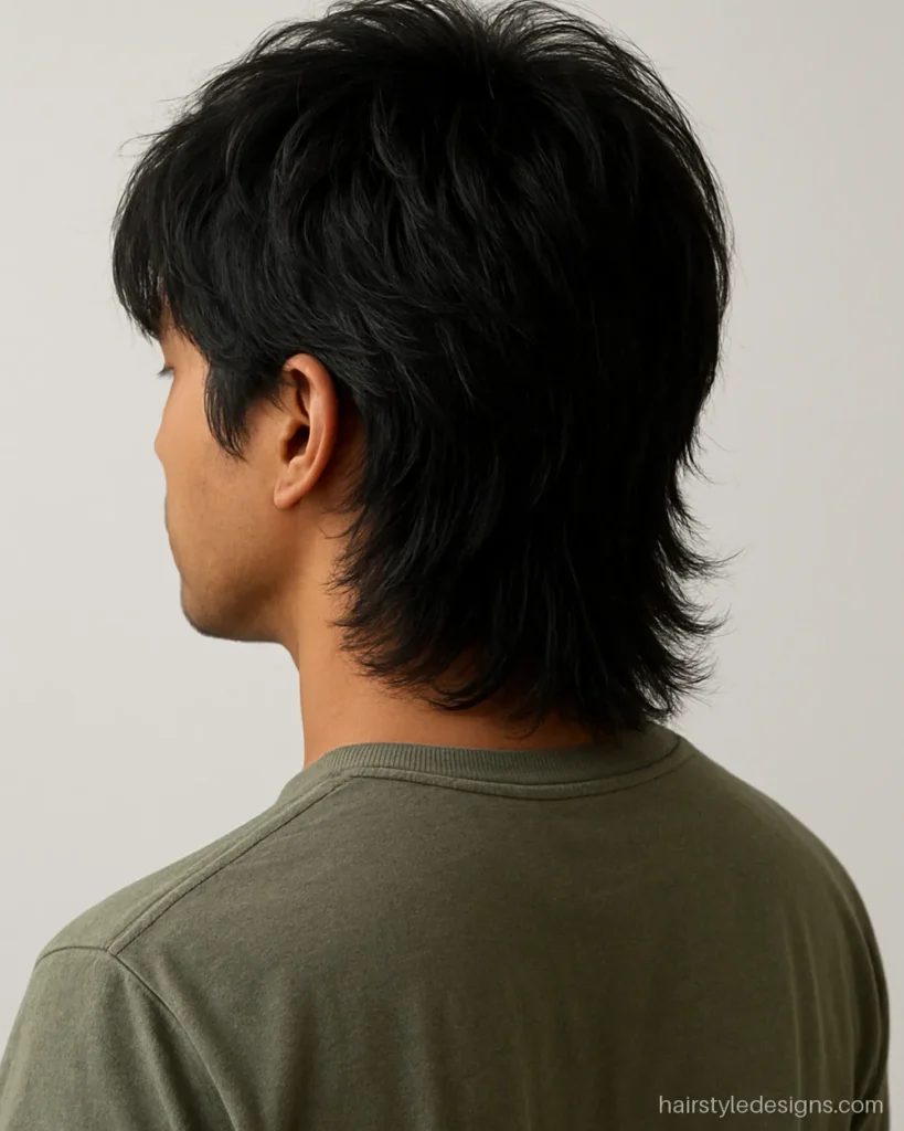 Wolf cut hairstyle men wear with choppy crown layers and a longer back
