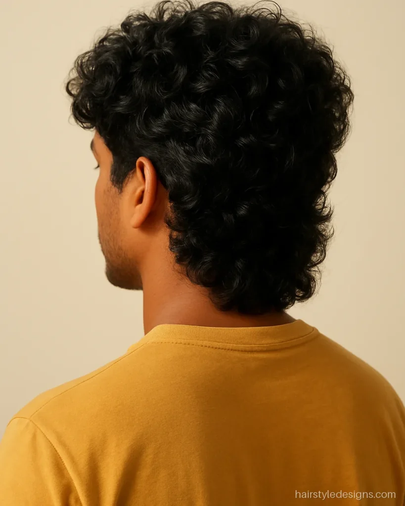 Wolf cut men hairstyle on curly hair with rounded volume and a long back