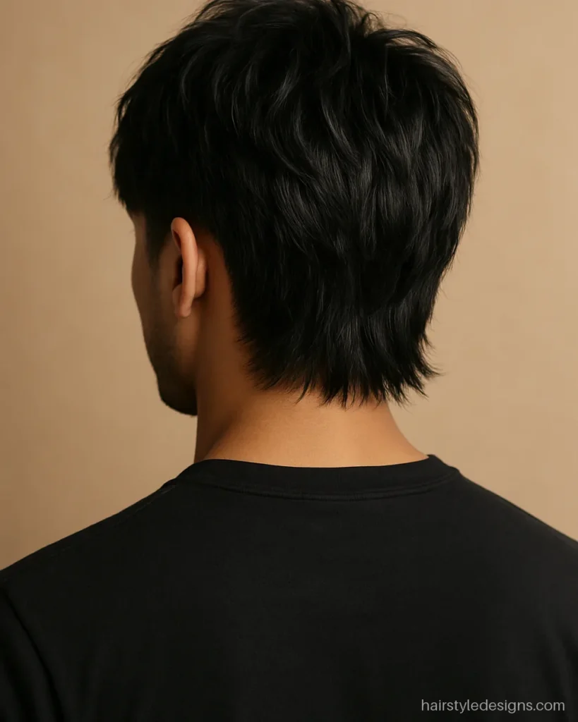 Men wolf cut hairstyle with a low taper fade and textured shaggy top