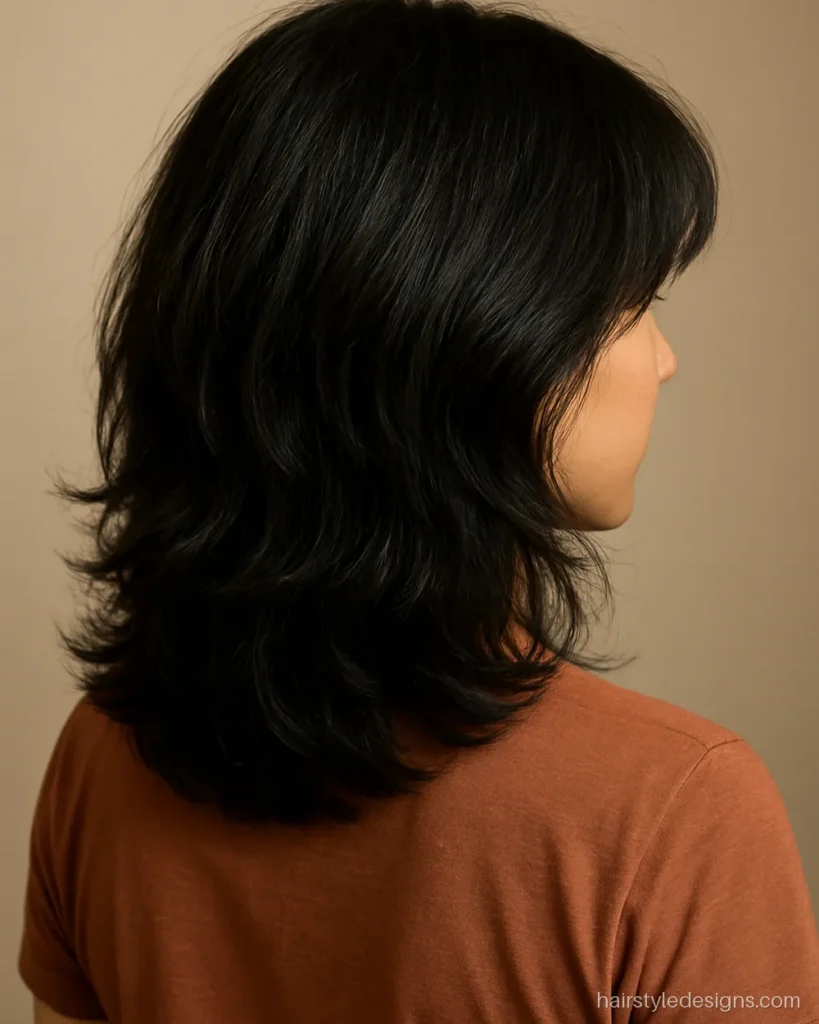 Layered shag hairstyle for girls with wavy layers and soft curtain bangs