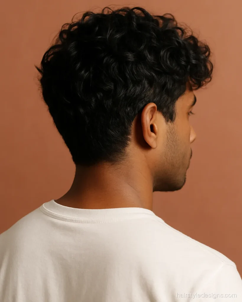 Short curly shaggy hairstyle men with layered curls and a tapered neck